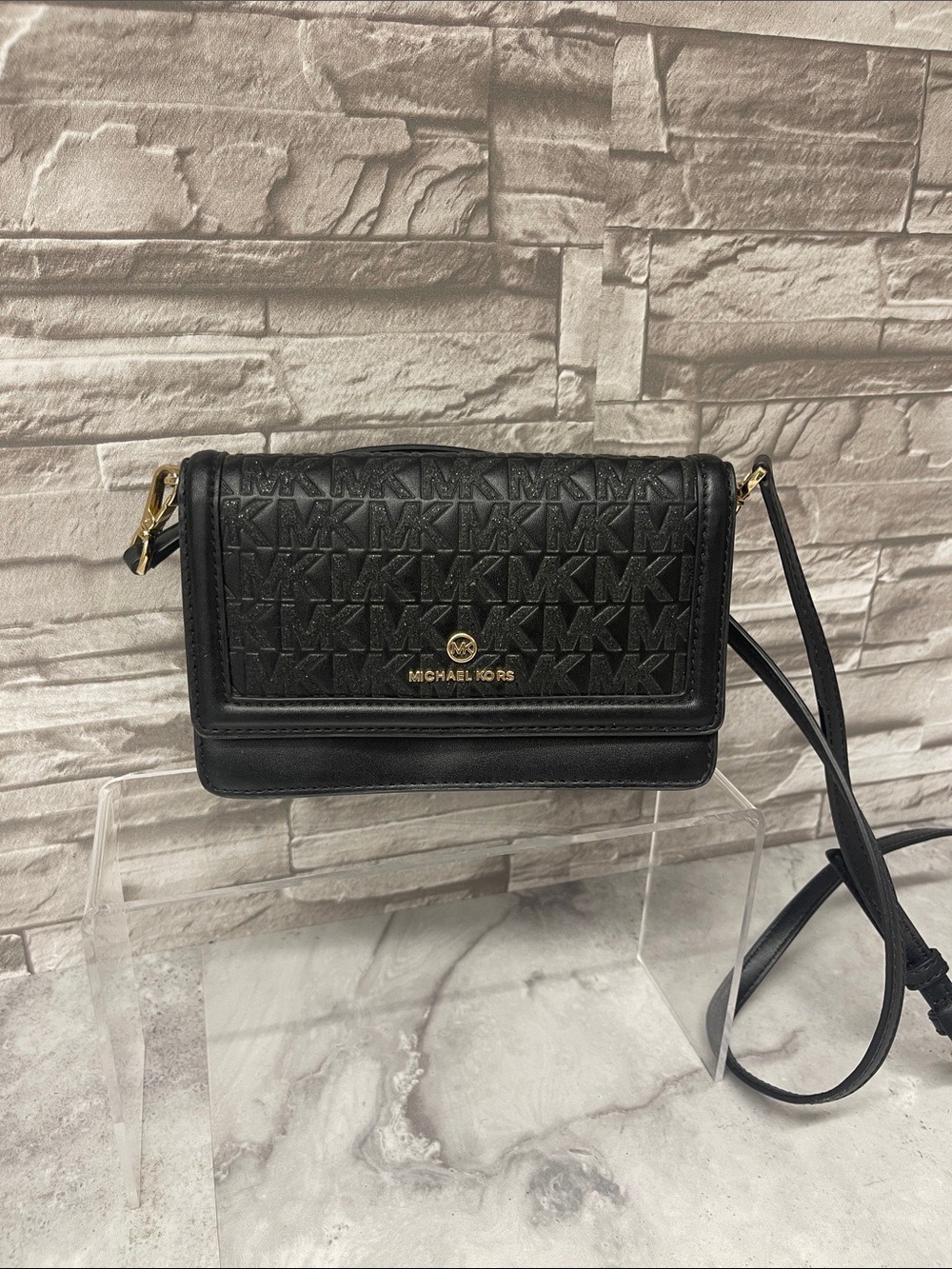Michael Kors Charm Black Glitter Phone Wallet Crossbody